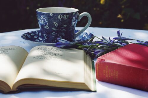 book opened on top of white table beside closed red book and round blue foliage ceramic cup on top of saucer
